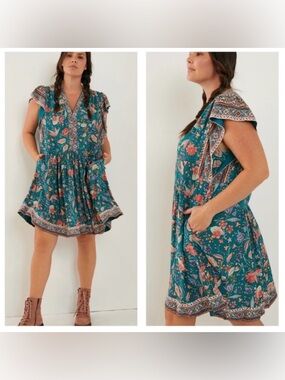 Anthropologie Floral Teal V-Neck Short Sleeve Women's Summer Mini Dress size XS